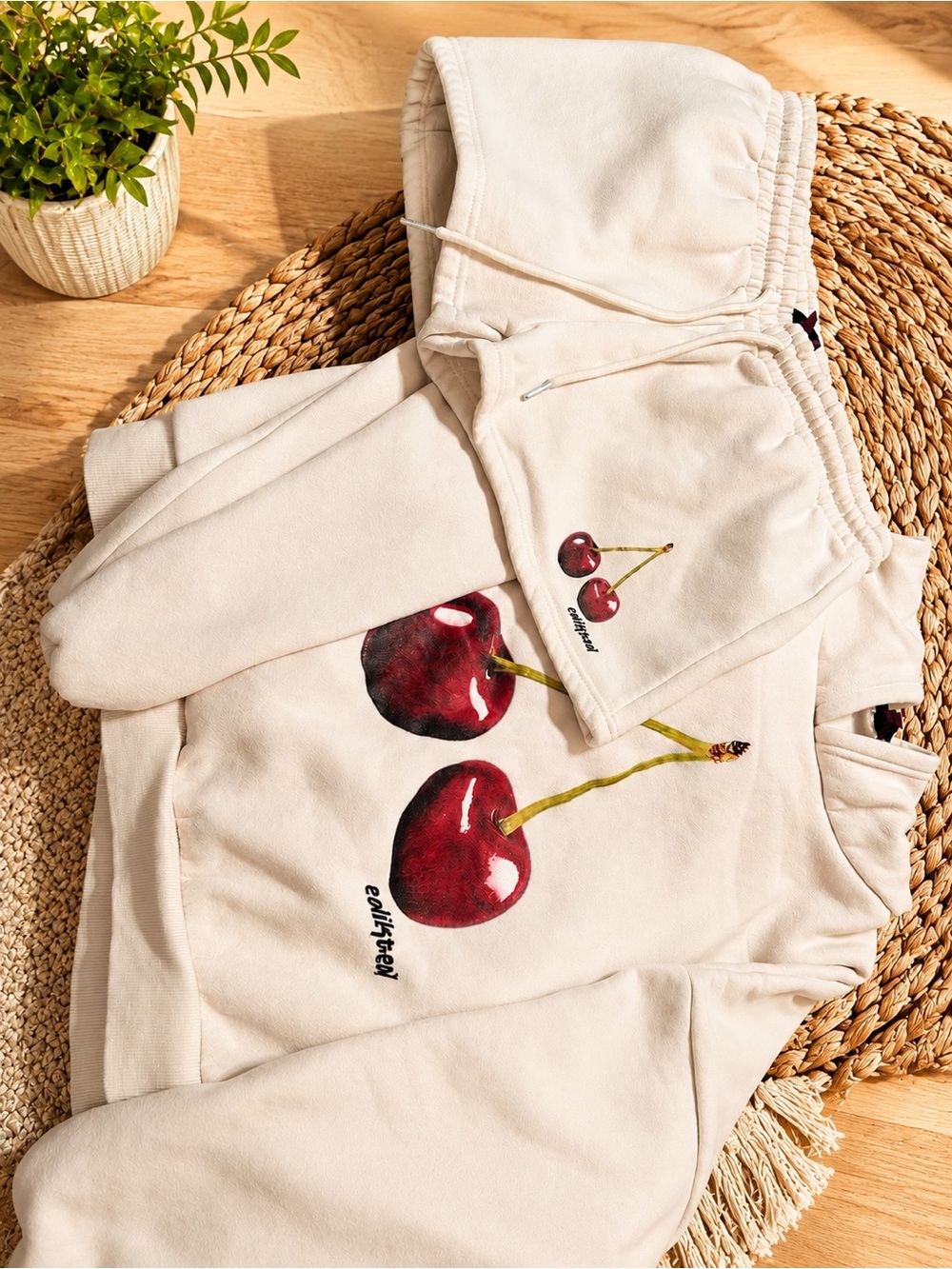 White Fox Boutique Cream Cherry Graphic Sweat shirt and shorts matching